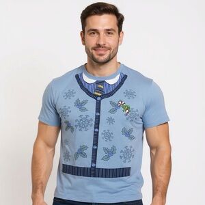 Hybrid Blue Christmas Candy Cane Snowflake Graphic Tee Shirt Sz L